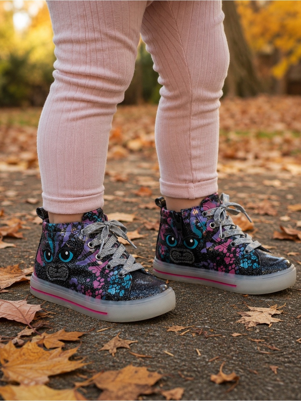 🎀 Girls Light Up Kitten Glitter Colorful High-Top Sneakers with Fun Design